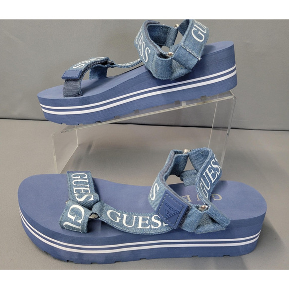 Guess Platform Sandals Womens Size 8M Blue Denim Logo Strap Flatform GWAVIN3 - Picture 4 of 11